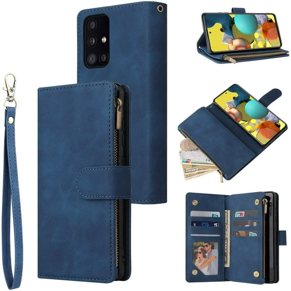 Wallet Case for Samsung Galaxy A52 4G/5G A52S 5G, Premium Vintage PU Leather Magnetic Closure Handbag Zipper Pocket Case Kickstand Card Slots with Wrist Strap Shockproof Flip Cover - Blue