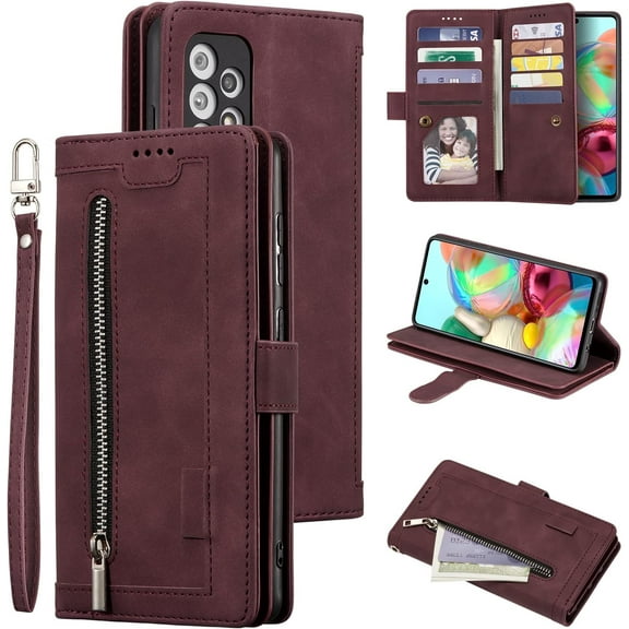 Wallet Case for Samsung Galaxy A52 4G/5G A52S, Retro 9 Card Holder Slots Zipper Pocket Handbag Case PU Leather Magnetic Closure Kickstand with Wrist Strap TPU Shockproof Flip Case - Wine Red