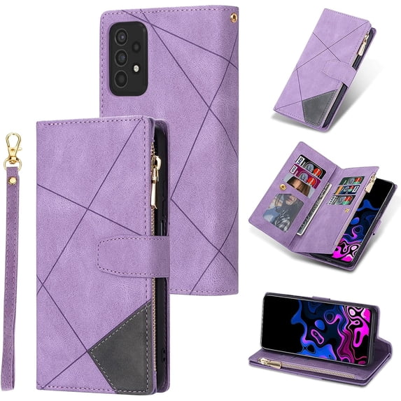 Wallet Case for Samsung Galaxy A52 5G/4G A52S 5G, Vintage Premium PU Leather Cover Flip Case with Card Slots Magnetic Closure Zipper Pocket Kickstand Handbag with Hand Strap - Purple