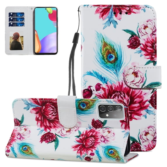 Wallet Case for Samsung Galaxy A52 5G/4G, Galaxy A52 Cover(4G/5G Version), Allytech PU Leather Flip Case with Wrist Strap Credit Card Slots Holder Magnetic Closure for Samsung A52, Peacock Flower