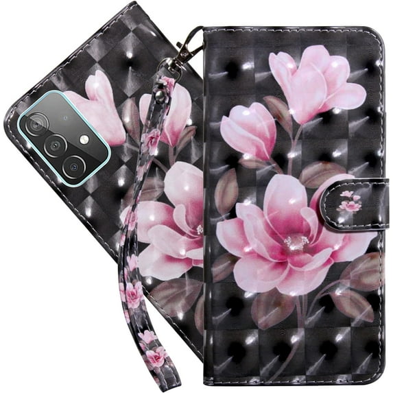 Wallet Case for Samsung Galaxy A53 5G, Colorful Painted Premium PU Leather Cute Flip Cover with Card Holder & Kickstand Phone Case for Samsung Galaxy A53 5G Black Pink Flower