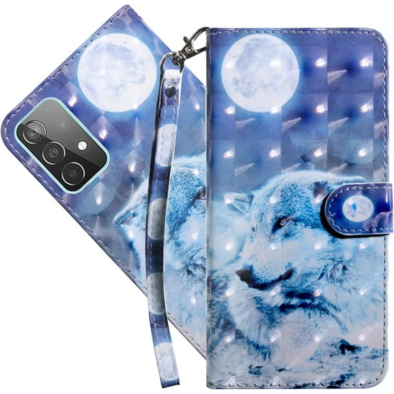 Wallet Case for Samsung Galaxy A53 5G, Colorful Painted Premium PU Leather Cute Flip Cover with Card Holder & Kickstand Phone Case for Samsung Galaxy A53 5G Wolf Under Moon