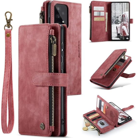 Wallet Case for Samsung Galaxy A53 5G, Premium Handmade PU Leather Phone Case Card Slots Magnetic Closure Zipper Pocket Kickstand Flip Case with Hand Strap - Vintage Red