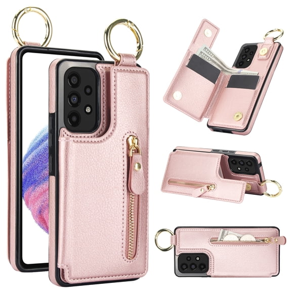 Wallet Case for Samsung Galaxy A53 5G, Premium Vintage PU Leather Magnetic Closure Handbag Zipper Pocket Case Kickstand Card Holder Slots with Ring Hook Shockproof Flip Cover, Rosegold