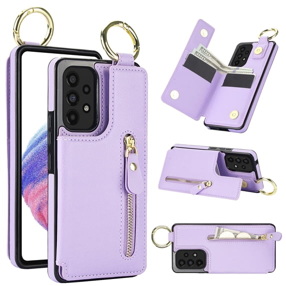 Wallet Case for Samsung Galaxy A53 5G, Premium Vintage PU Leather Magnetic Closure Handbag Zipper Pocket Case Kickstand Card Holder Slots with Ring Hook Shockproof Flip Cover, Purple