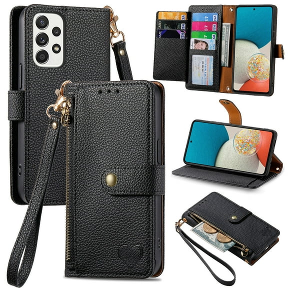 Wallet Case for Samsung Galaxy A53 5G Women Men, Durable PU Leather Magnetic Flip Lanyard Strap Wristlet Zipper Card Holder Kickstand Wallet Phone Case Cover Full Body Protection, Black
