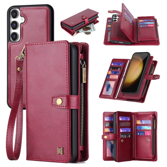 Wallet Case for Samsung Galaxy A54 5G, 2 In 1 Detachable Magnetic Cover Multiple Cards Slots Zipper Pocket RFID Blocking Stand Hand Strap Protective Phone Case for Women Men, Red