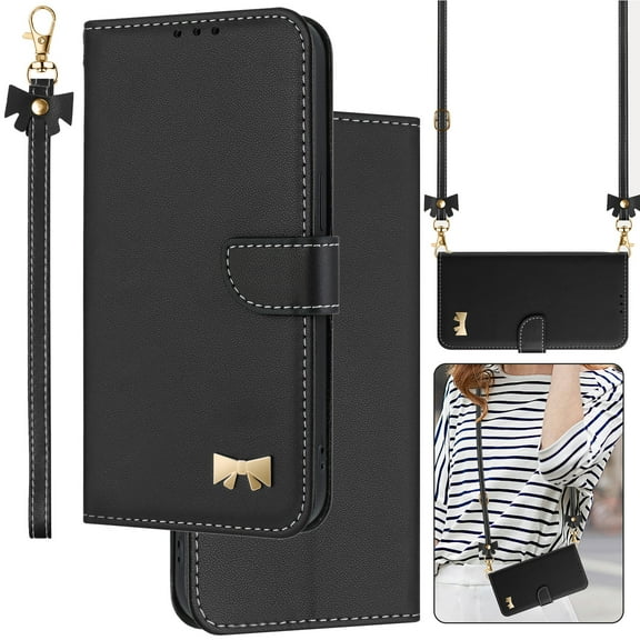 Wallet Case For Samsung Galaxy A54 5G Crossbody Strap & Short Hand Strap with RFID Blocking Credit Card Slots, Cute Bow Design Flip PU Leather Stand Magnetic Closure Phone Cover,Black