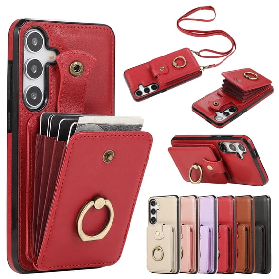 Wallet Case for Samsung Galaxy A54 5G, Kickstand Ring Holder Premium PU Leather Case with Crossbody Strap,Card Holder Slot Money Pocket 360°Rotation Metal Ring Grip Kickstand Cover,Red