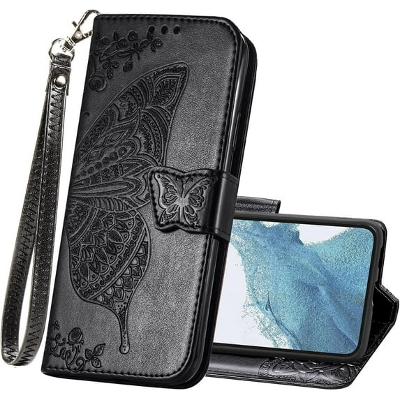 Wallet Case for Samsung Galaxy A54 5G,PU Leather Flip Protective Phone Case Wrist Strap Card Slots Holder Pocket Emboss Butterfly Flower Stand Case for Samsung Galaxy A54 5G Black