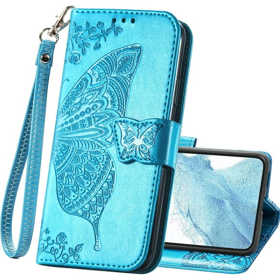 Wallet Case for Samsung Galaxy A54 5G,PU Leather Flip Protective Phone Case Wrist Strap Card Slots Holder Pocket Emboss Butterfly Flower Stand Case for Samsung Galaxy A54 5G Blue