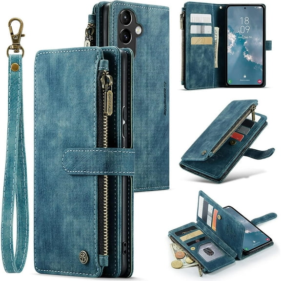 Wallet Case for Samsung Galaxy A54 5G, Premium Handmade PU Leather Phone Case Card Slots Magnetic Closure Zipper Pocket Kickstand Flip Case with Hand Strap - Vintage Blue