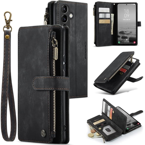 Wallet Case for Samsung Galaxy A54 5G, Premium Handmade PU Leather Phone Case Card Slots Magnetic Closure Zipper Pocket Kickstand Flip Case with Hand Strap