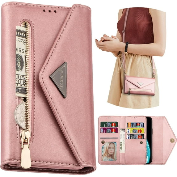 Wallet Case for Samsung Galaxy A54 5G for Women, Shoulder Crossbody Purse Handbag Neck Strap Lanyard Cover with ID Card Holder Phone Case for Samsung Galaxy A54 5G XK Rose Gold