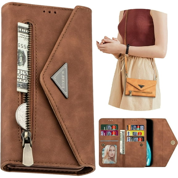 Wallet Case for Samsung Galaxy A54 5G for Women, Shoulder Crossbody Purse Handbag Neck Strap Lanyard Cover with ID Card Holder Phone Case for Samsung Galaxy A54 5G XK Brown