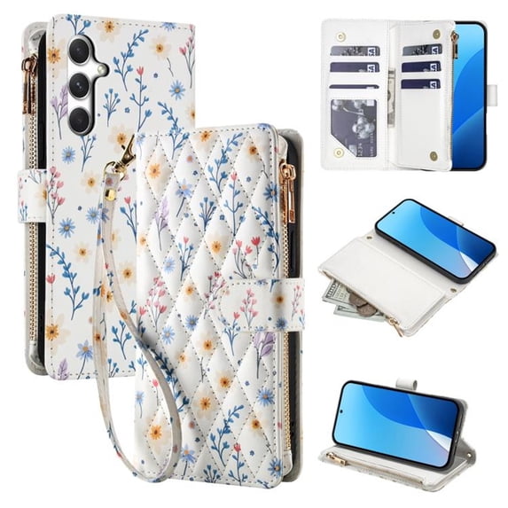 Wallet Case For Samsung Galaxy A55 5G 6.5-inch, Flower Pattern Flip Zipper Purse Leather Cover With Card Holder, Detachable Wristlet & Shoulder Strap, Shockproof ,Kickstand Phone Case For Women,Blue
