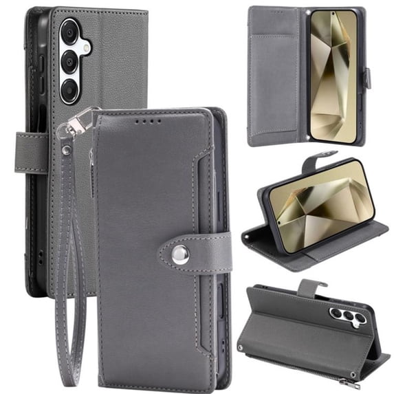 Wallet Case for Samsung Galaxy A55 5G 6.6-inch, Litchi Leather Flip Zipper Purse Cover with Card Holder, Detachable Wristlet, Kickstand Shockproof Protective Phone Case,Grey,For Galaxy A55 (5G)