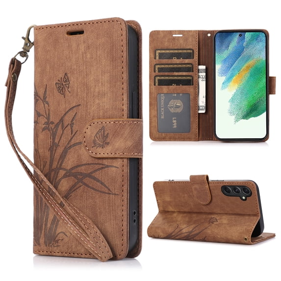 Wallet Case for Samsung Galaxy A55, PU Leather Flip Protective Wrist Strap Card Slots Holder Pocket Embossed Stand Full Body Protection Rugged Cover for Samsung Galaxy A55, Brown
