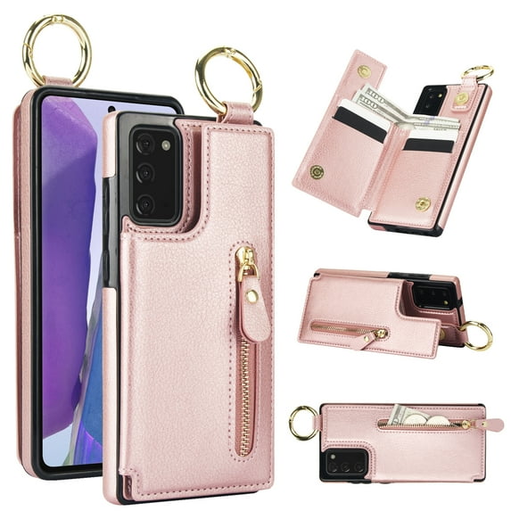 Wallet Case for Samsung Galaxy A71 4G, Premium Vintage PU Leather Magnetic Closure Handbag Zipper Pocket Case Kickstand Card Holder Slots with Ring Hook Shockproof Flip Cover, Rosegold