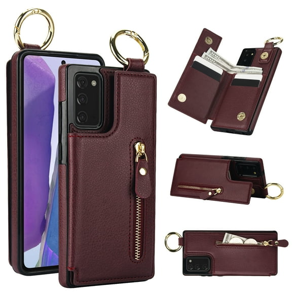 Wallet Case for Samsung Galaxy A71 5G, Premium Vintage PU Leather Magnetic Closure Handbag Zipper Pocket Case Kickstand Card Holder Slots with Ring Hook Shockproof Flip Cover, Jujube Red