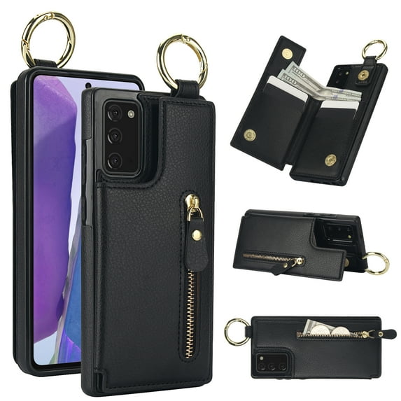 Wallet Case for Samsung Galaxy A71 5G, Premium Vintage PU Leather Magnetic Closure Handbag Zipper Pocket Case Kickstand Card Holder Slots with Ring Hook Shockproof Flip Cover, Black