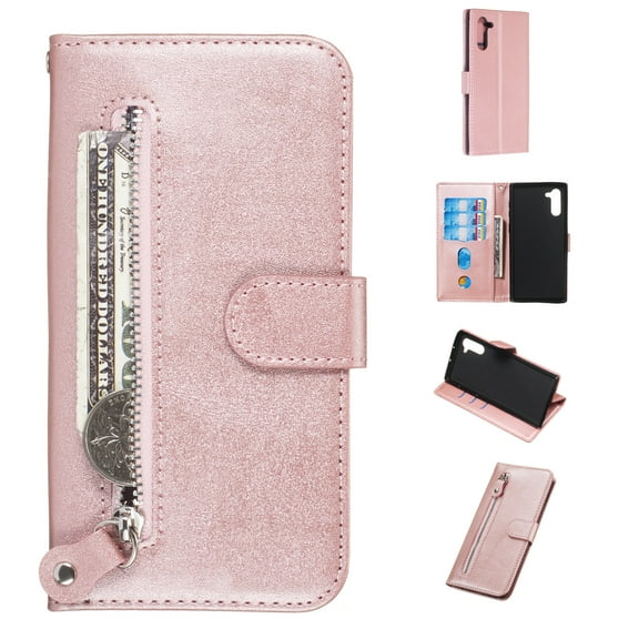 Wallet Case for Samsung Galaxy Note 10 6.3" 2019, Allytech Flip Leather Zipper Multiple Cards Holder Cash Pocket Folio Stand Protective Magnetic Wallet Case Cover for Samsung Galaxy Note 10,Rosegold