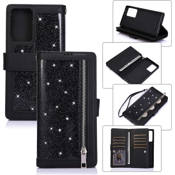 Wallet Case for Samsung Galaxy Note 20 5G,Magnetic Handbag Zipper Pocket PU Leather Flip with 9 Card Slots and Wrist Strap Folio TPU Inner Stand Case for Note 20 5G - Black