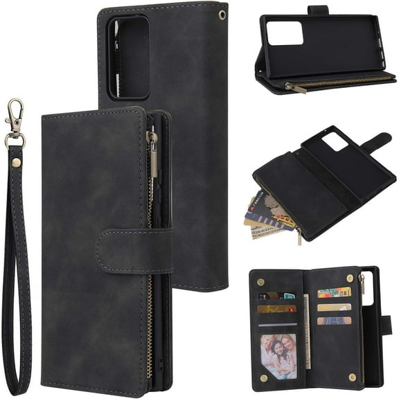 Wallet Case for Samsung Galaxy Note 20 5G, Premium Vintage PU Leather Magnetic Closure Handbag Zipper Pocket Case Kickstand Card Holder Slots with Wrist Strap TPU Shockproof Flip Cover - Black