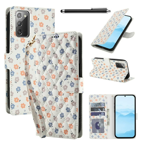 Wallet Case for Samsung Galaxy Note 20 , PU Leather Phone Cover Kickstand RFID Blocking Flip Case Card Slots Wrist Strap Relief Engraved Pattern Magnetic With Stylus Pen, Colorful Flower