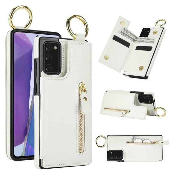 Wallet Case for Samsung Galaxy Note 20, Premium Vintage PU Leather Magnetic Closure Handbag Zipper Pocket Case Kickstand Card Holder Slots with Ring Hook Shockproof Flip Cover, White