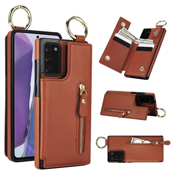 Wallet Case for Samsung Galaxy Note 20, Premium Vintage PU Leather Magnetic Closure Handbag Zipper Pocket Case Kickstand Card Holder Slots with Ring Hook Shockproof Flip Cover, Brown