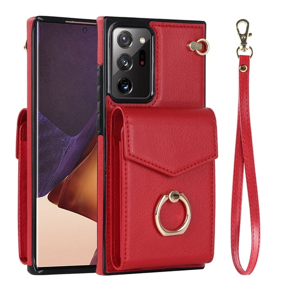 Wallet Case for Samsung Galaxy Note 20 Ultra, Back Card Slots/Bag Magnetic Button Ring Holder Stand Cover with RFID Blocking Wrist Hand Strap Luxury PU Leather Anti-Shocks Case,Red