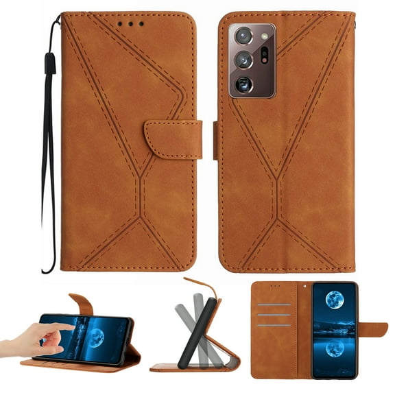 Wallet Case For Samsung Galaxy Note 20 Ultra, Premium PU Leather Flip Magnetic Closure [Kickstand][Wrist Strap][Card Holder Slots] Credit ID Card Slot with Wrist Strap Design, Brown