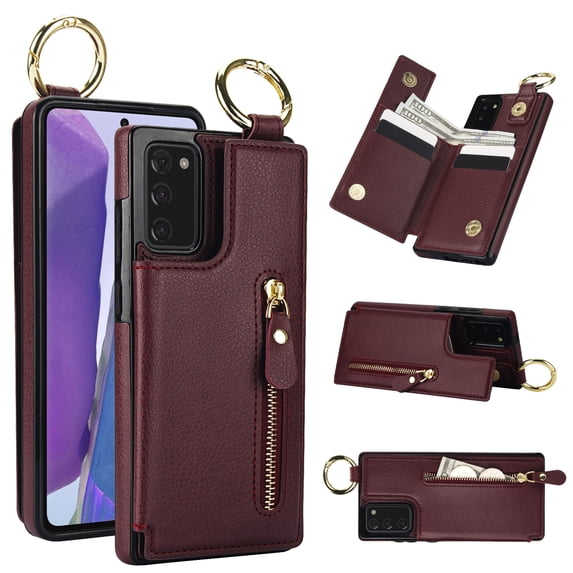 Wallet Case for Samsung Galaxy Note 20 Ultra, Premium Vintage PU Leather Magnetic Closure Handbag Zipper Pocket Case Kickstand Card Holder Slots with Ring Hook Shockproof Flip Cover, Jujube Red