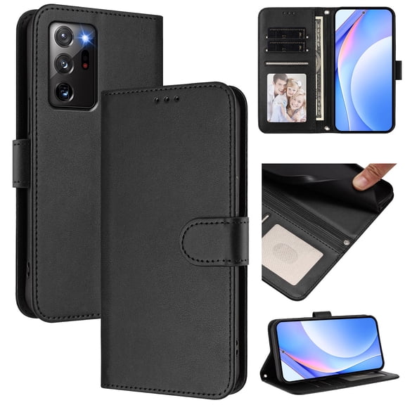 Wallet Case For Samsung Galaxy Note 20 Ultra, RFID Blocking Credit Card Holder,Premium PU Leather Folio Magnetic Closure Flip Kickstand Function with Hand Strap Shockproof Cover Women Men,Black