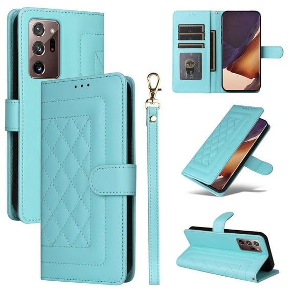 Wallet Case for Samsung Galaxy Note 20, Vintage Wrist Strap Kickstand Credit Card Slots Magnetic Closure PU Leather Shockproof Drop Protective TPU Shell for Samsung Galaxy Note 20, Mint