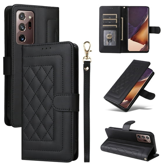 Wallet Case for Samsung Galaxy Note 20, Vintage Wrist Strap Kickstand Credit Card Slots Magnetic Closure PU Leather Shockproof Drop Protective TPU Shell for Samsung Galaxy Note 20, Black