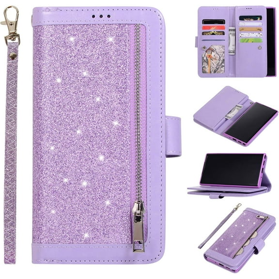 Wallet Case for Samsung Galaxy Note 8,Magnetic Handbag Zipper Pocket PU Leather Flip with 9 Card Slots and Wrist Strap Folio TPU Inner Stand Case for Samsung Galaxy Note 8 - Purple