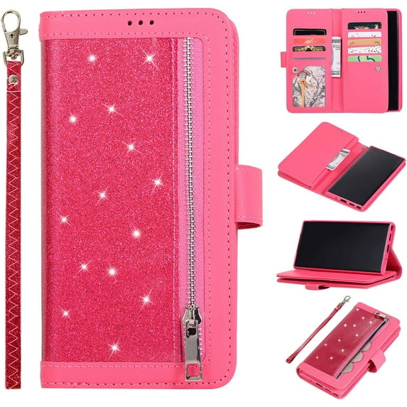 Wallet Case for Samsung Galaxy Note 9,Magnetic Handbag Zipper Pocket PU Leather Flip with 9 Card Slots and Wrist Strap Folio TPU Inner Stand Case for Samsung Galaxy Note 9 - Rose Red