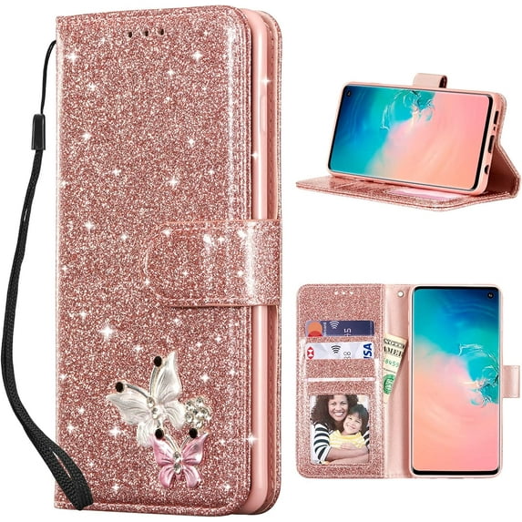 Wallet Case for Samsung Galaxy S10 Plus, Premium Glitter PU Leather Phone Case Card Slots Kickstand Case Magnetic Closure Bling Handbag Case Shockproof Flip Cover with Hand Strap - Rose Gold#