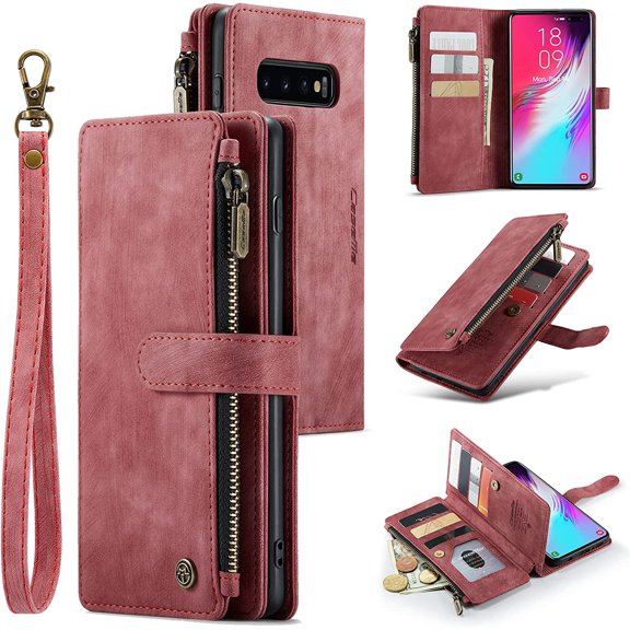 Wallet Case for Samsung Galaxy S10 Plus, Premium Handmade PU Leather Phone Case Card Slots Magnetic Closure Zipper Pocket Kickstand Flip Case with Hand Strap - Vintage Red