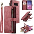 thumbnail image 1 of Wallet Case for Samsung Galaxy S10, Premium Handmade PU Leather Phone Case Card Slots Magnetic Closure Zipper Pocket Kickstand Flip Case with Hand Strap - Vintage Red, 1 of 14