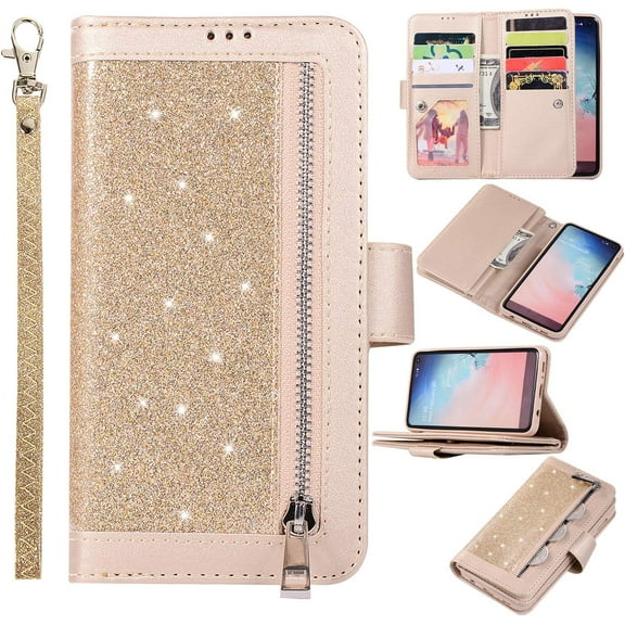 Wallet Case for Samsung Galaxy S10+ S10 Plus,Magnetic Handbag Zipper Pocket PU Leather Flip with 9 Card Slots and Wrist Strap Folio TPU Stand Case for Samsung Galaxy S10+ S10 Plus - Gold