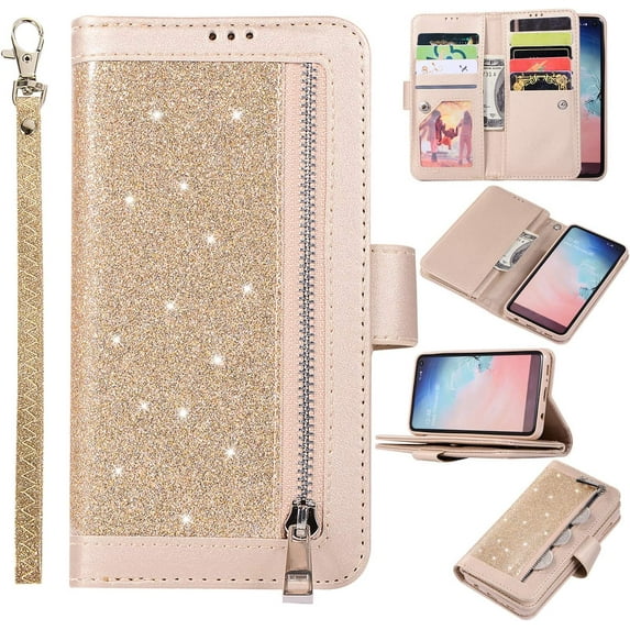 Wallet Case for Samsung Galaxy S10+ S10 Plus,Magnetic Handbag Zipper Pocket PU Leather Flip with 9 Card Slots and Wrist Strap Folio TPU Stand Case for Samsung Galaxy S10+ S10 Plus - Gold