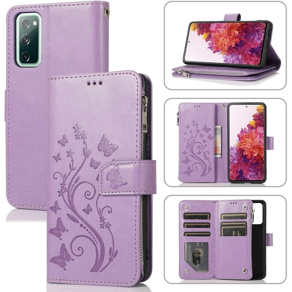 Wallet Case for Samsung Galaxy S20 FE 5G, Premium PU Leather Magnetic Closure Flower Pattern Handbag Zipper Pocket Case Kickstand Card Holder Slots Shockproof Flip Cover - Purple