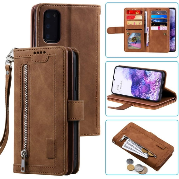 Wallet Case for Samsung Galaxy S20 FE 5G, Retro 9 Card Holder Slots Zipper Pocket Handbag Case PU Leather Magnetic Closure Kickstand with Wrist Strap TPU Shockproof Flip Case - Brown