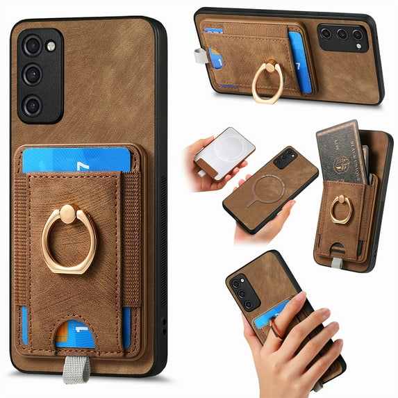 Wallet Case for Samsung Galaxy S20 FE with Detachable Card Holder, Rotation Ring Stand Case, Magnetic Vintage PU Leather Cover Compatible with MagSafe Shockproof Case for Galaxy S20 FE, Brown