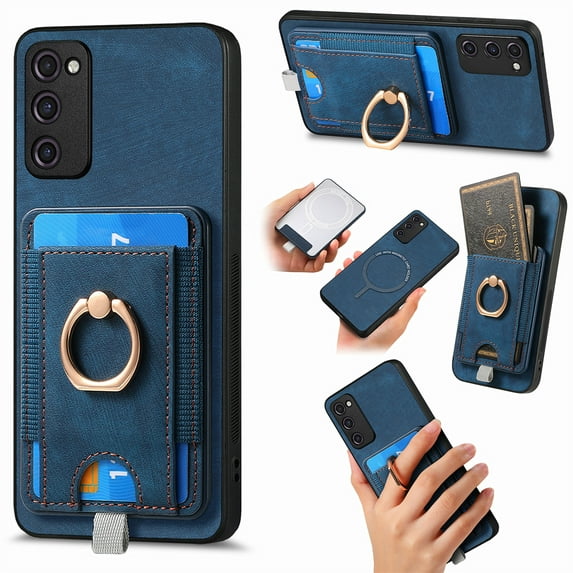 Wallet Case for Samsung Galaxy S20 FE with Detachable Card Holder, Rotation Ring Stand Case, Magnetic Vintage PU Leather Cover Compatible with MagSafe Shockproof Case for Galaxy S20 FE, Blue