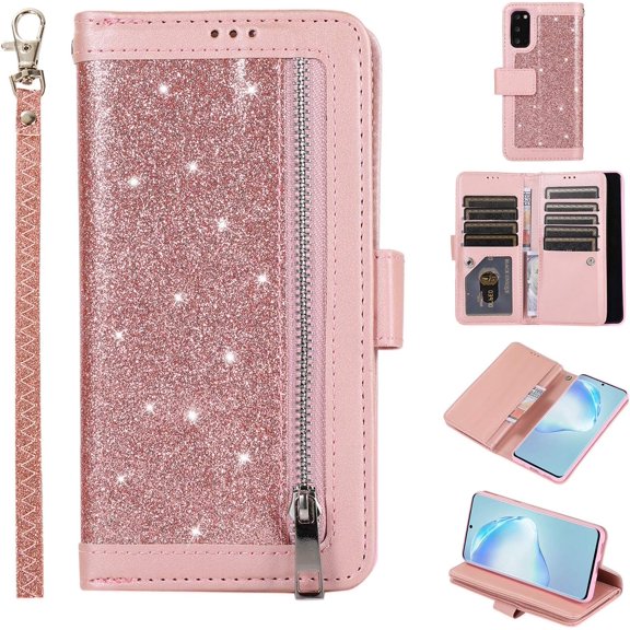 Wallet Case for Samsung Galaxy S20,Magnetic Handbag Zipper Pocket PU Leather Flip with 9 Card Slots and Wrist Strap Folio TPU Inner Stand Case for Samsung Galaxy S20 - Rose Gold