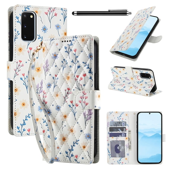 Wallet Case for Samsung Galaxy S20 , PU Leather Phone Cover Kickstand RFID Blocking Flip Case Card Slots Wrist Strap Relief Engraved Pattern Magnetic With Stylus Pen, Blue Purple Flower